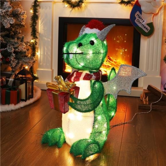Lighted Christmas Green Dinosaur, 23.5 Inch Pre-Lit 3D Tinsel Flying Dragon - Picture 6 of 6